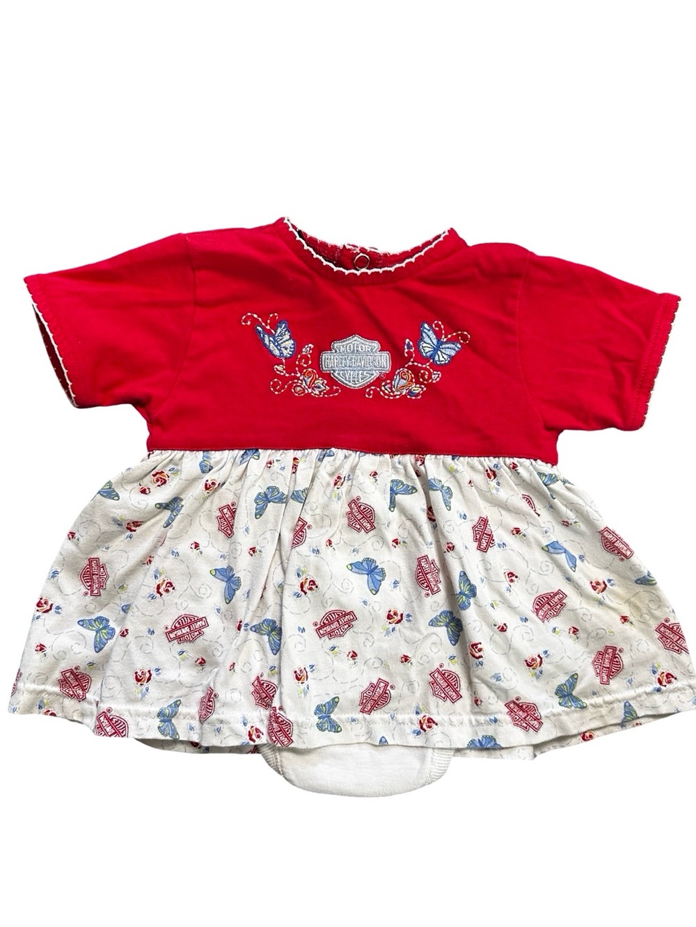 VTG Harley-Davidson Dress Onesie 3/6 Months Red Butterfly Embroidered Romper